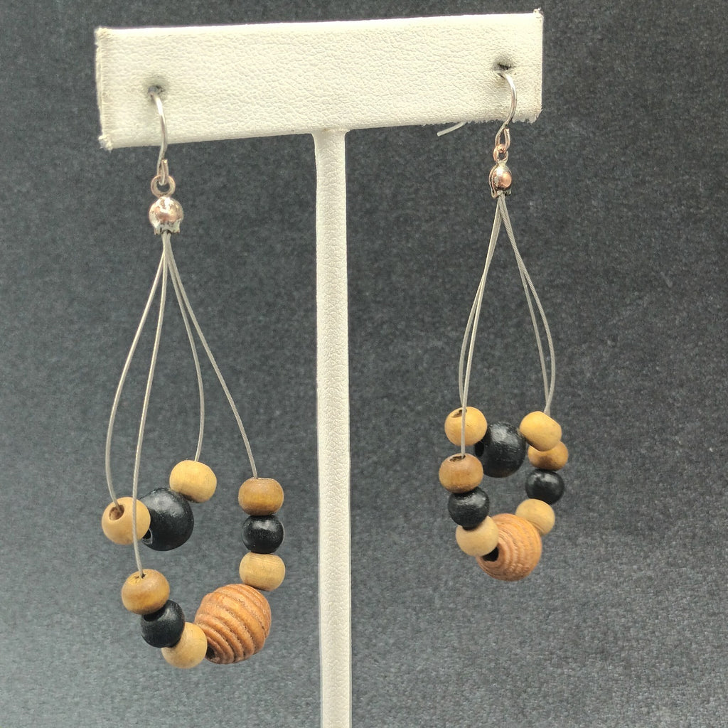 Pierced Earrings Silver tone Wood Beaded Wire Loop Dangle 2 3/8"