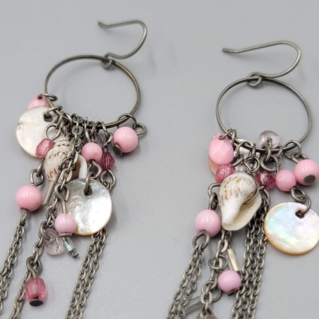 Pink Bead Seashell Pierced Earrings Silver tone Long Dangle Chains 3.25"