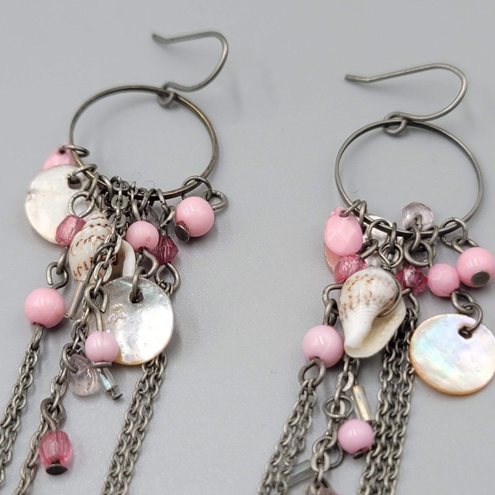 Pink Bead Seashell Pierced Earrings Silver tone Long Dangle Chains 3.25"