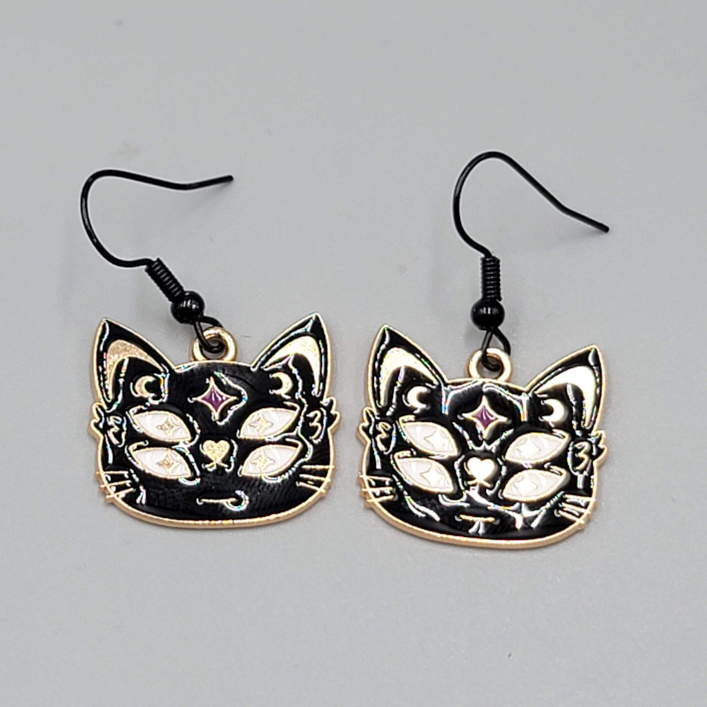 Four Eyed Black Cat Pierced Earrings Enamel Gold tone Dangle New 