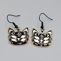 Four Eyed Black Cat Pierced Earrings Enamel Gold tone Dangle New 