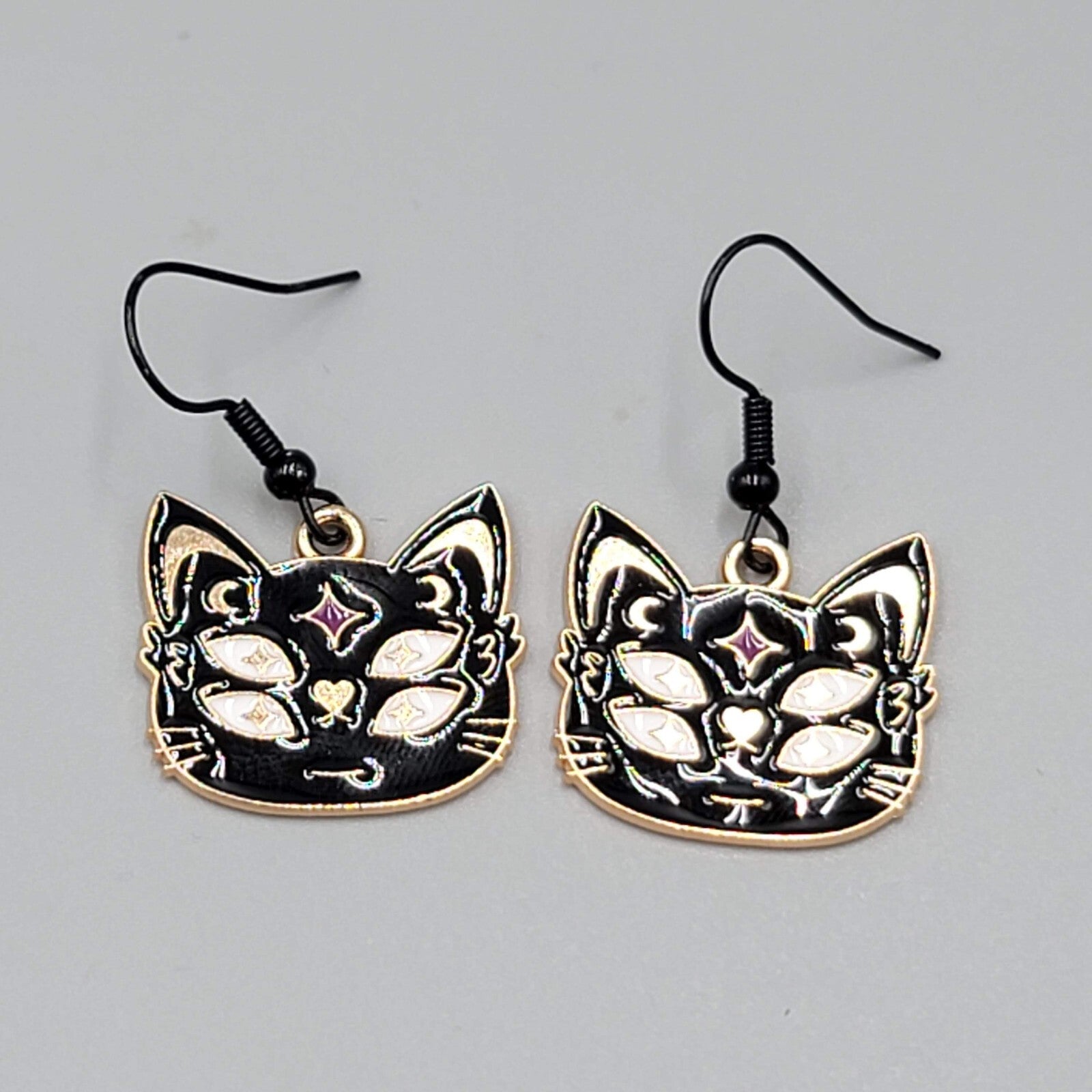 Four Eyed Black Cat Pierced Earrings Enamel Gold tone Dangle New 