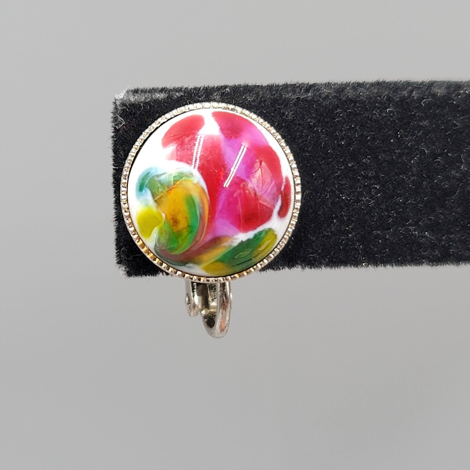Vintage Clip on Earrings Silver tone Multicolor Glass Cabochon Round Studs 1/2"