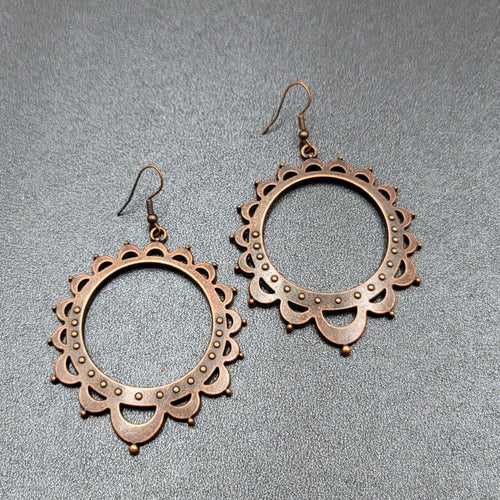 Boho Pierced Earrings Bronze tone Hoop Dangle 2.25"