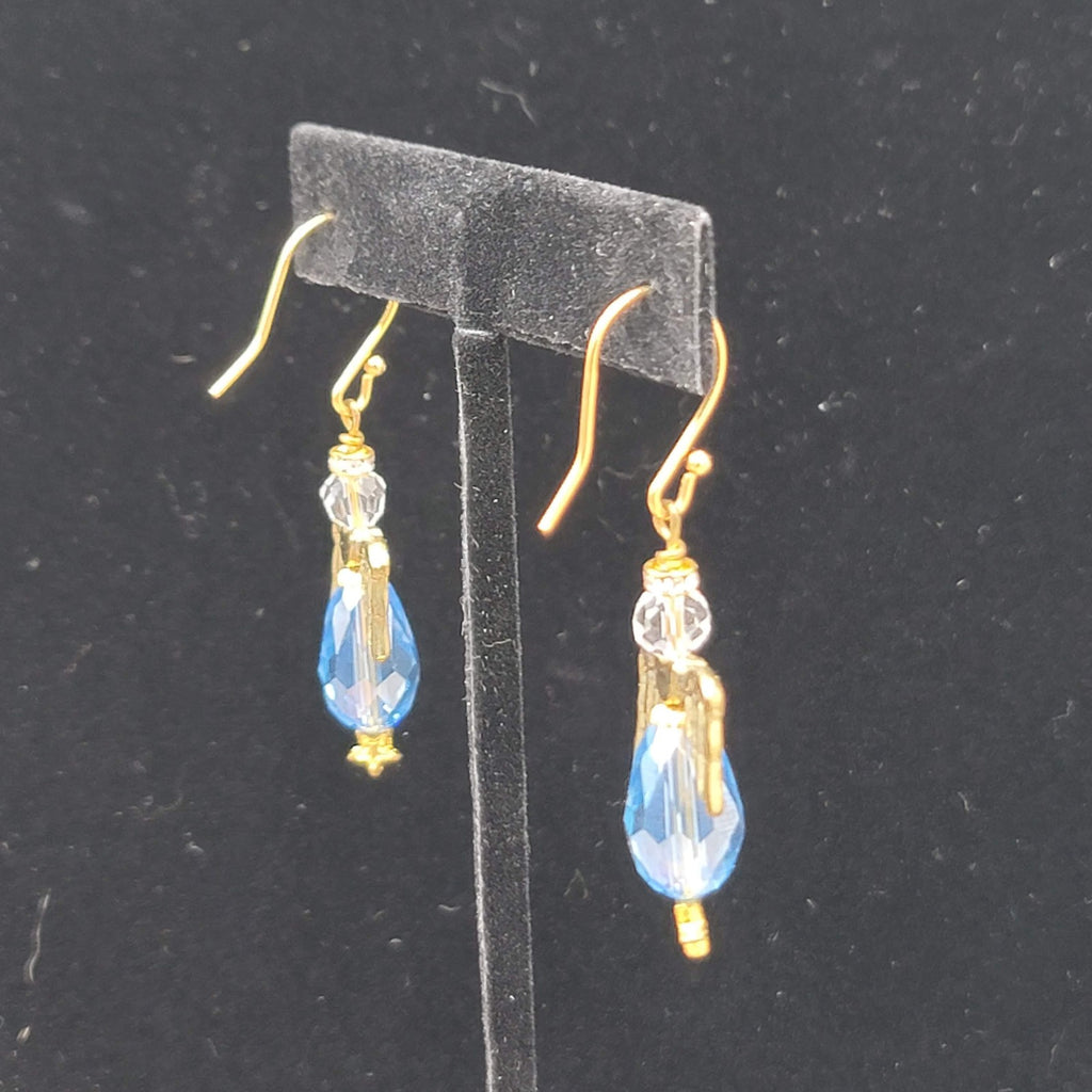Angel Pierced Earrings Gold Tone Blue Glass Beads Dangle Hook 1.5"