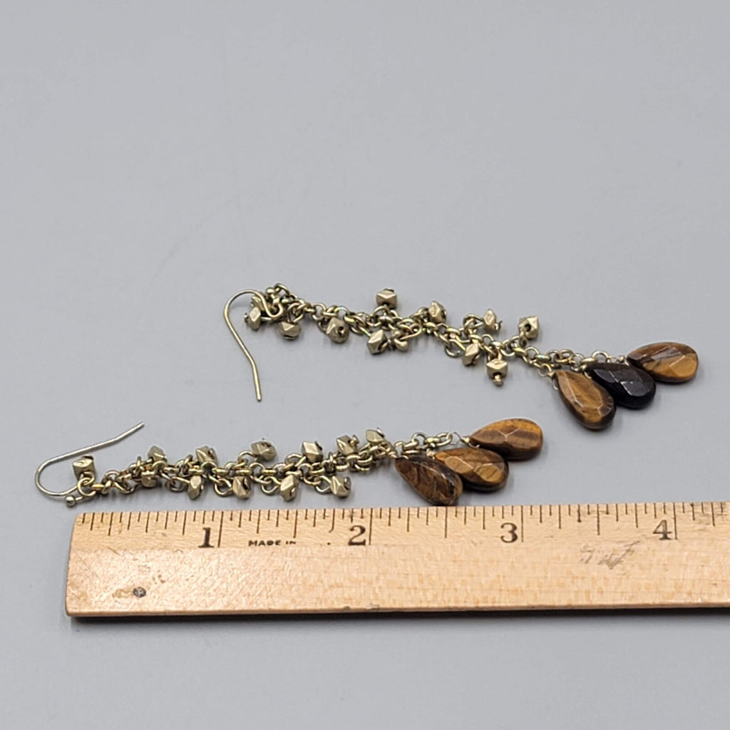 Long Tigers Eye Stone Bead Pierced Earrings Gold tone Dangle 3"