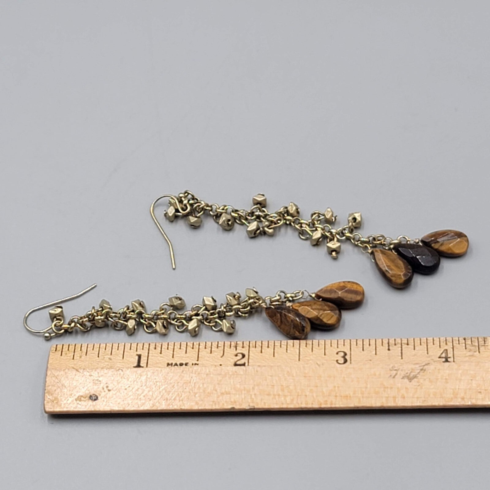 Long Tigers Eye Stone Bead Pierced Earrings Gold tone Dangle 3"
