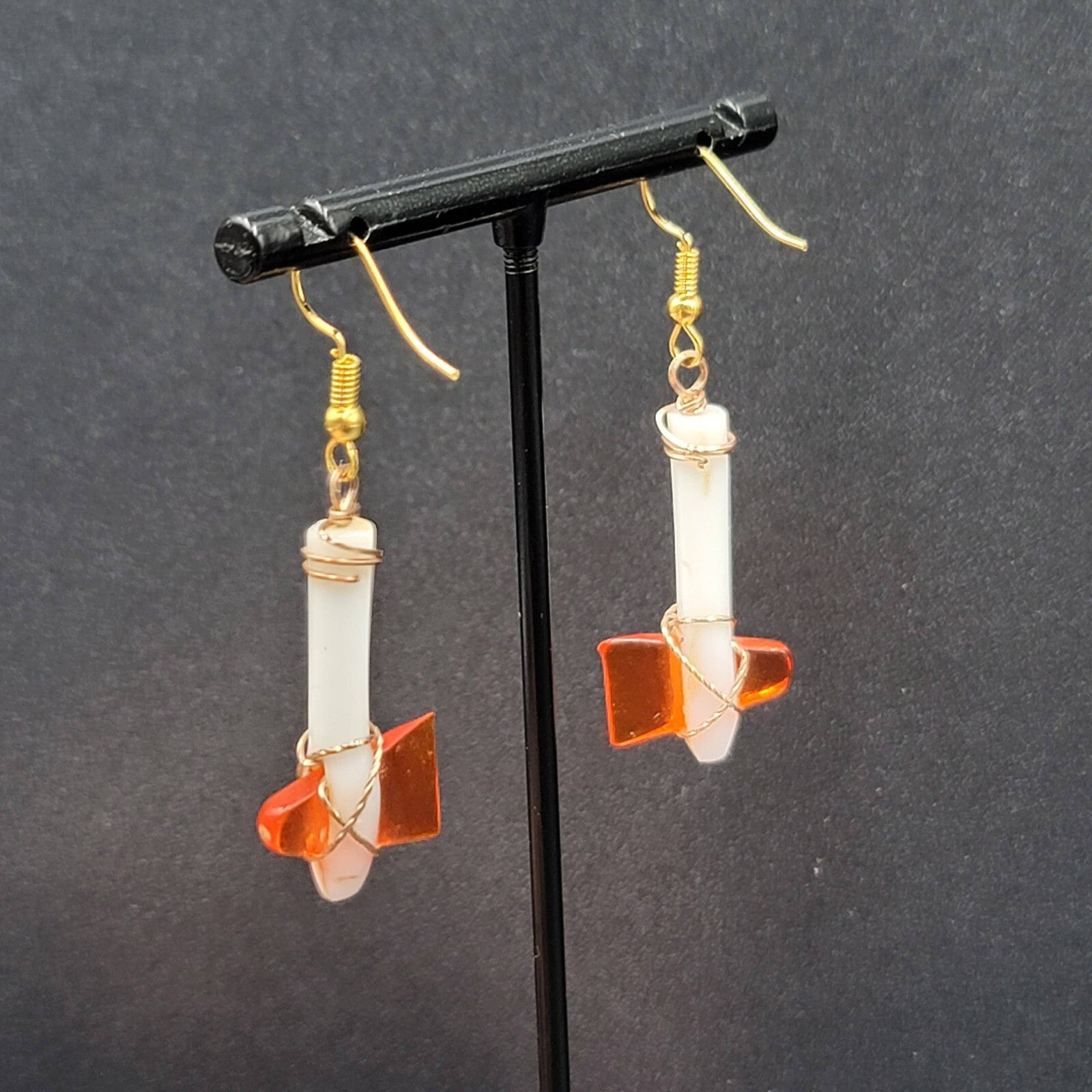 Vintage Pierced Earrings Plastic White Orange Hatchet Axe Dangle 1.25"