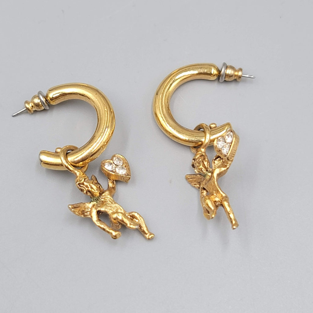Vintage Angel Heart Hoops Pierced Earrings Gold tone Dangle Rhinestone 2"