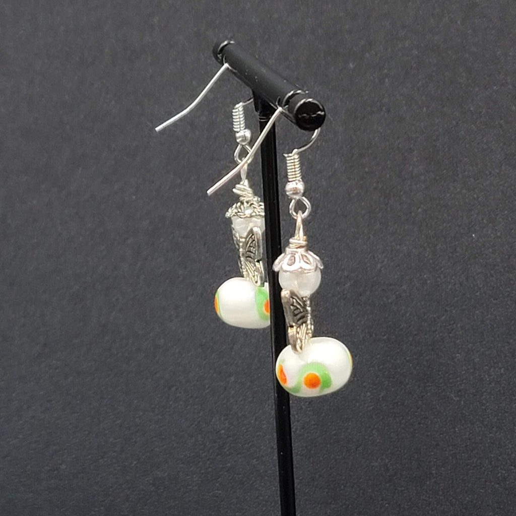 Pierced Earrings Silver tone Angel White Art Glass Bead Dangle 1"