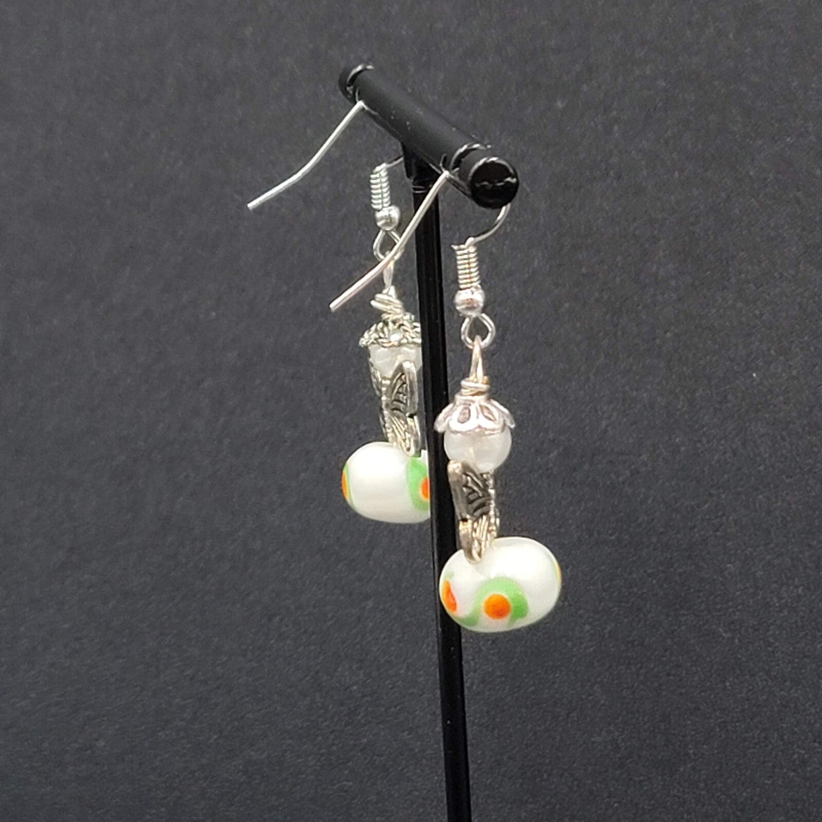 Pierced Earrings Silver tone Angel White Art Glass Bead Dangle 1"
