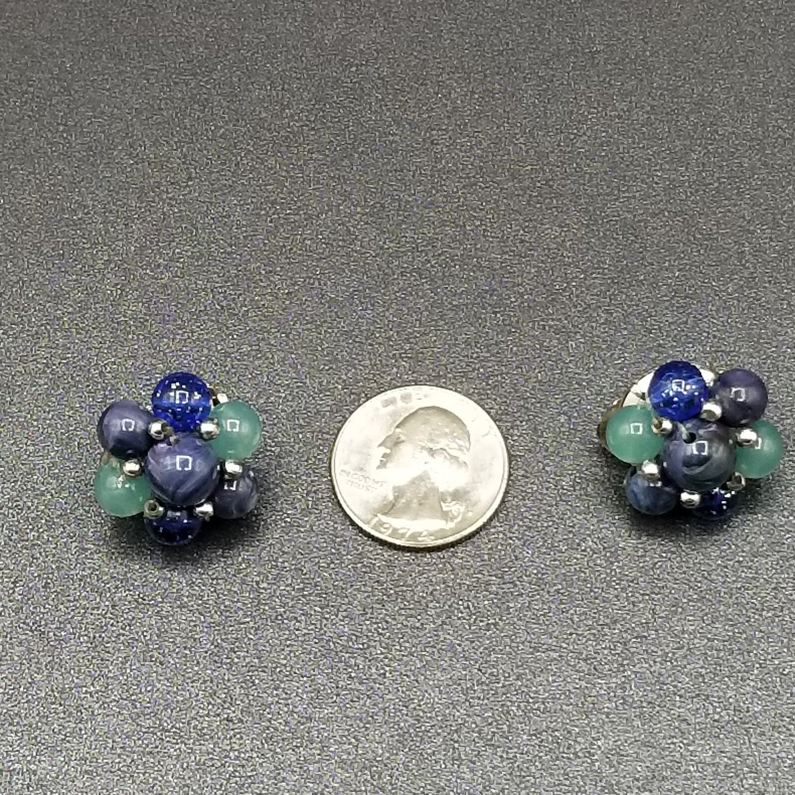 Vintage Clip On Silver tone Blue and Green Acrylic Bead Cluster Stud 1"