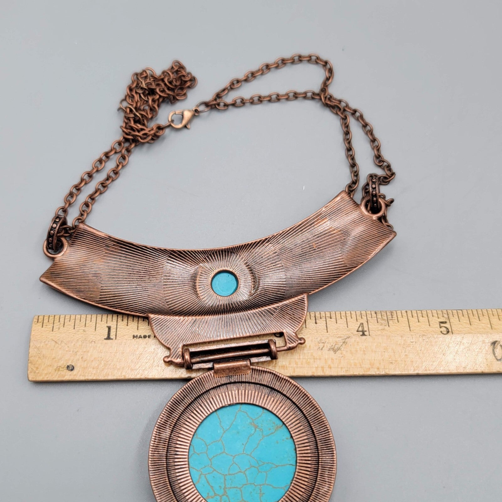 Large Medallion Statement Necklace Bronzetone Blue Howlite Pendant 18"