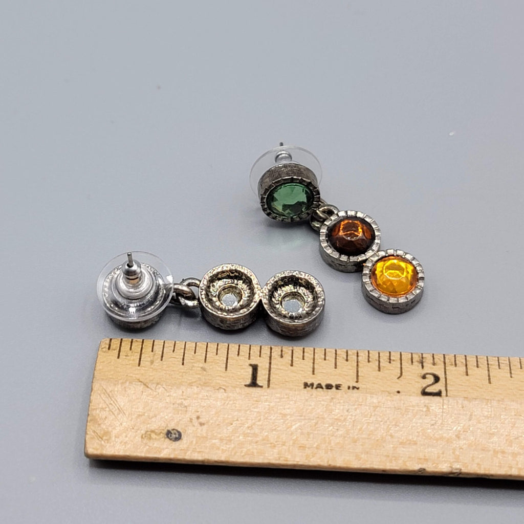 Pierced Earrings Silver tone Multicolor Rhinestones Round Dangle 1.25"