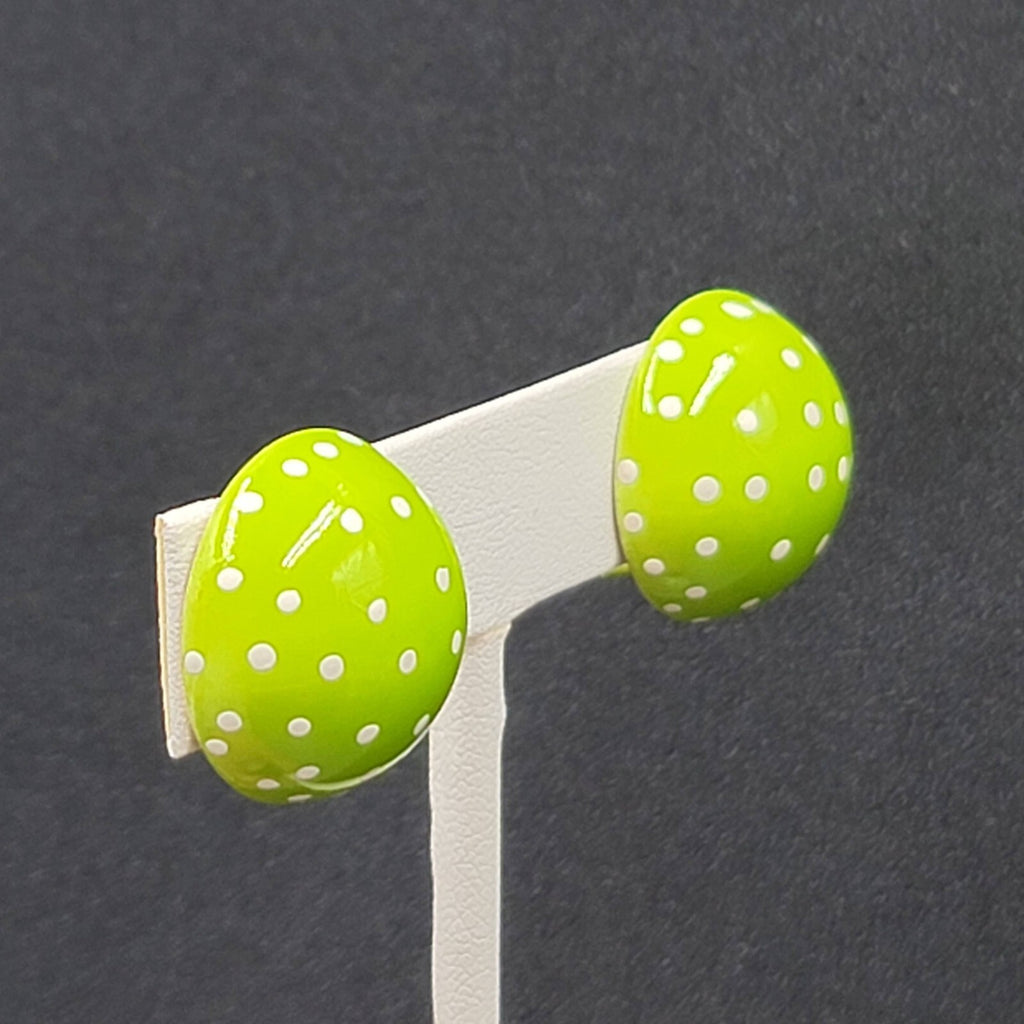 Vintage Clip on Earrings Hand Painted Green Enamel Polka Dot Dome Studs 3/4"