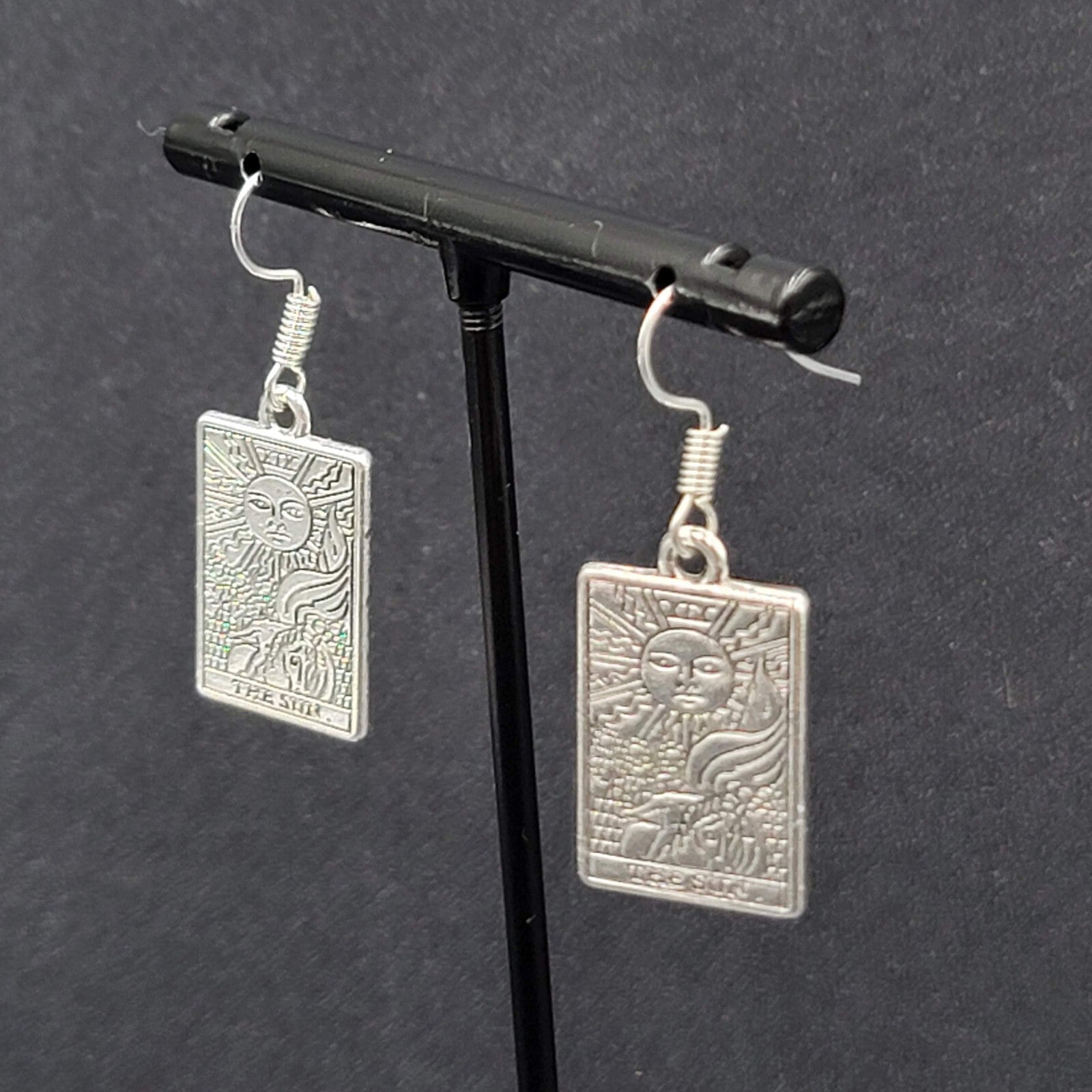 The SUN Tarot Card Pierced Earrings Silver tone 1"