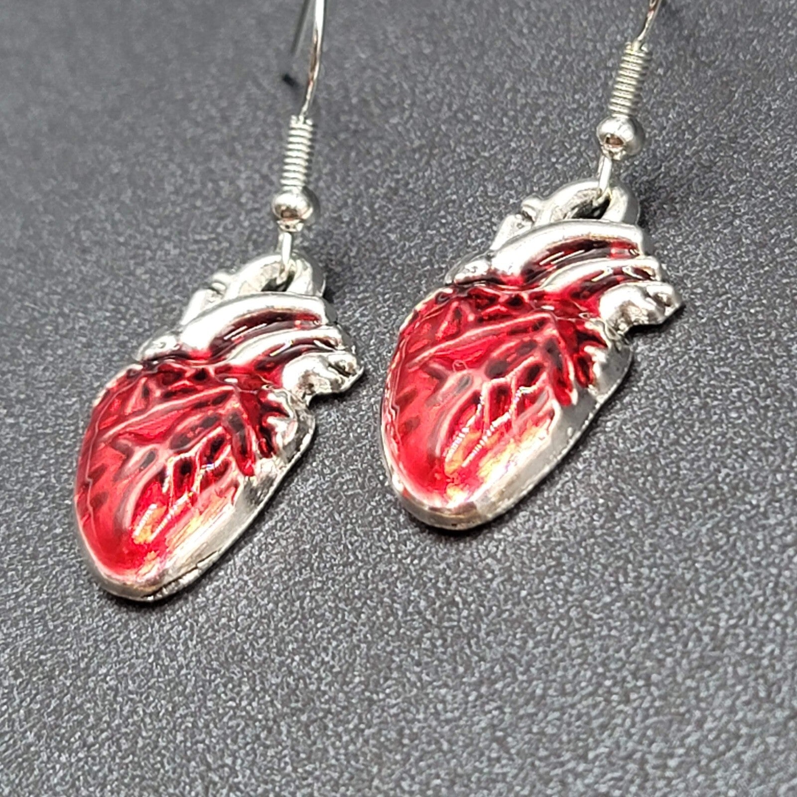 New Anatomical Heart Pierced Earrings Silver tone Red Goth Rock Dangle 1"