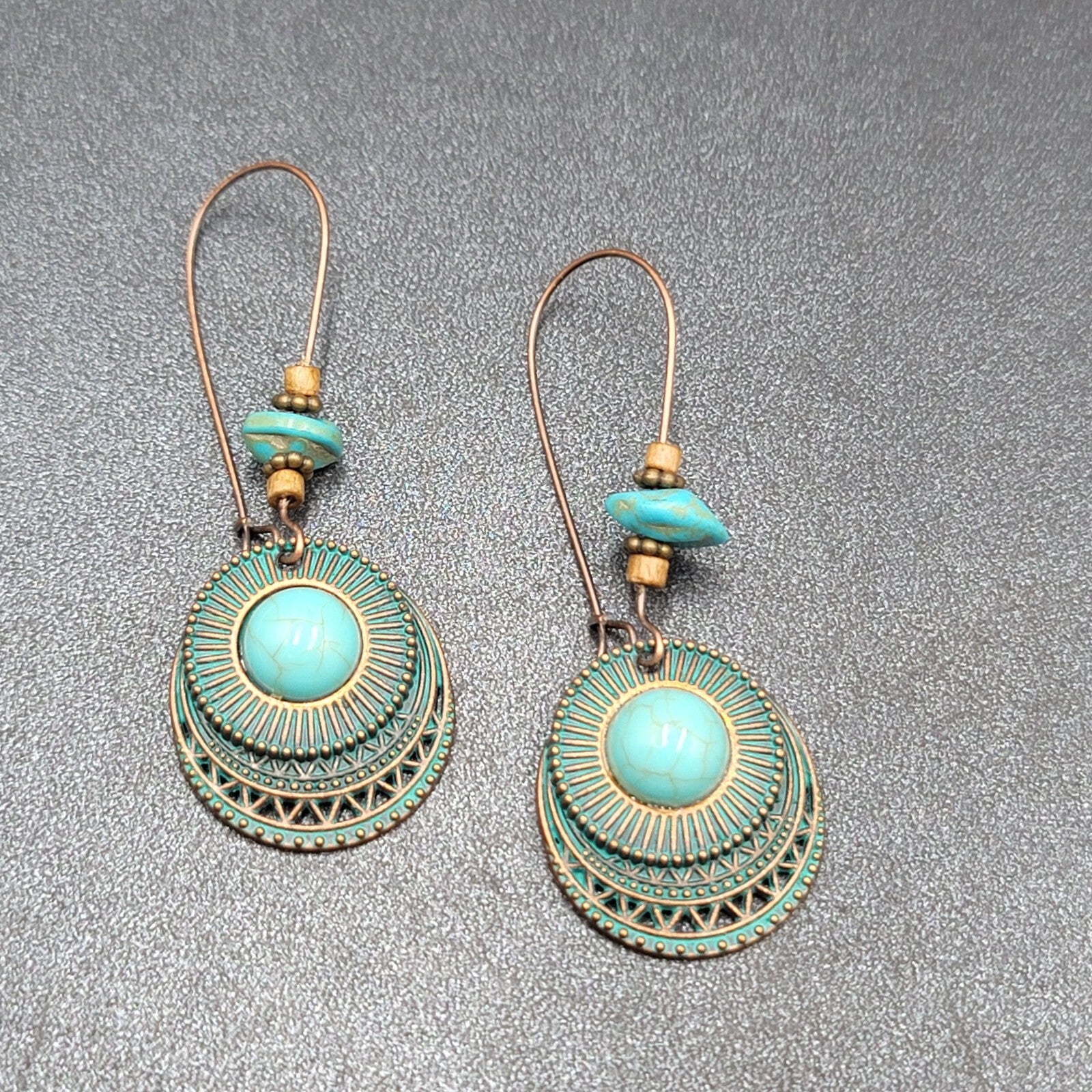 New Boho Pierced Earrings Faux Green Patina Copper tone Turquoise Bead 2.5"