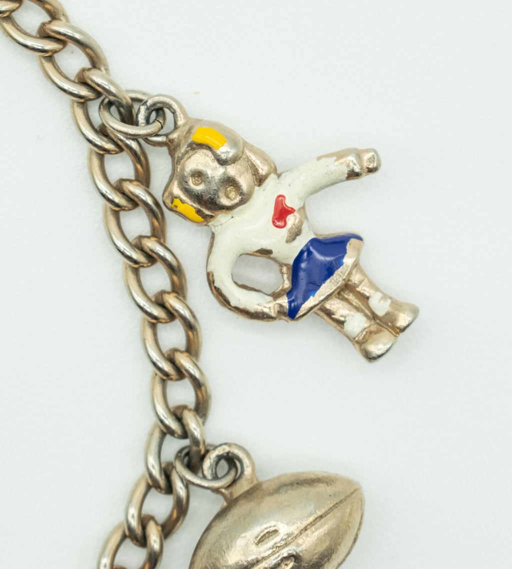 Vintage Cheerleader Football RHS Charm Bracelet Silver tone Enamel Estate 6 1/2"