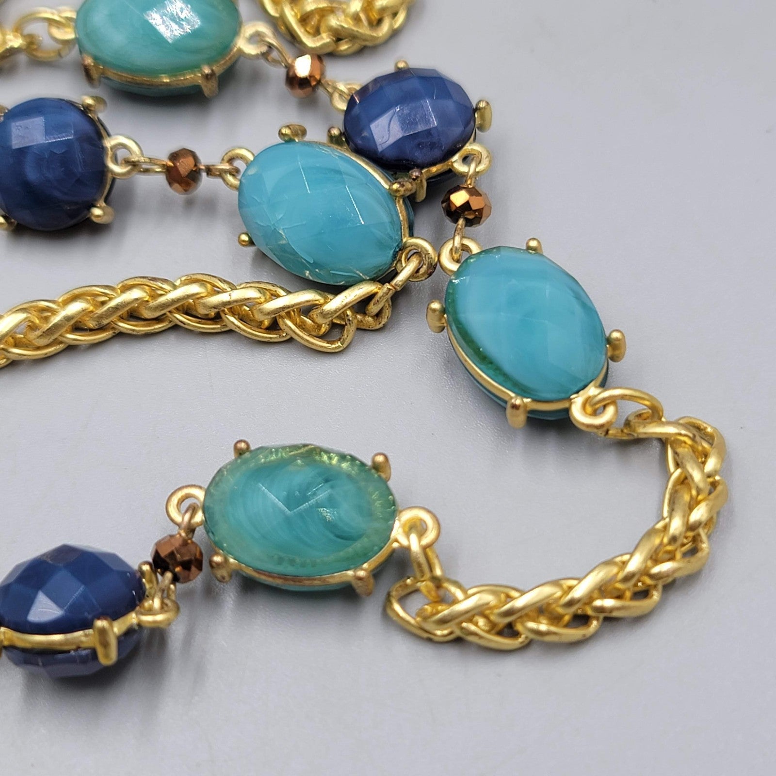 Necklace Bright Gold tone Blue Bead Long 36"