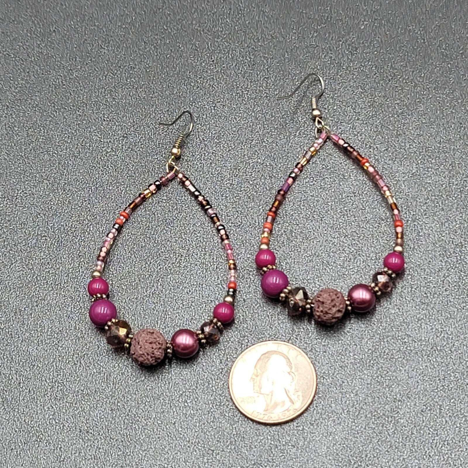 Pierced Earrings Purple Beaded Teardrop Hoops  2.5"