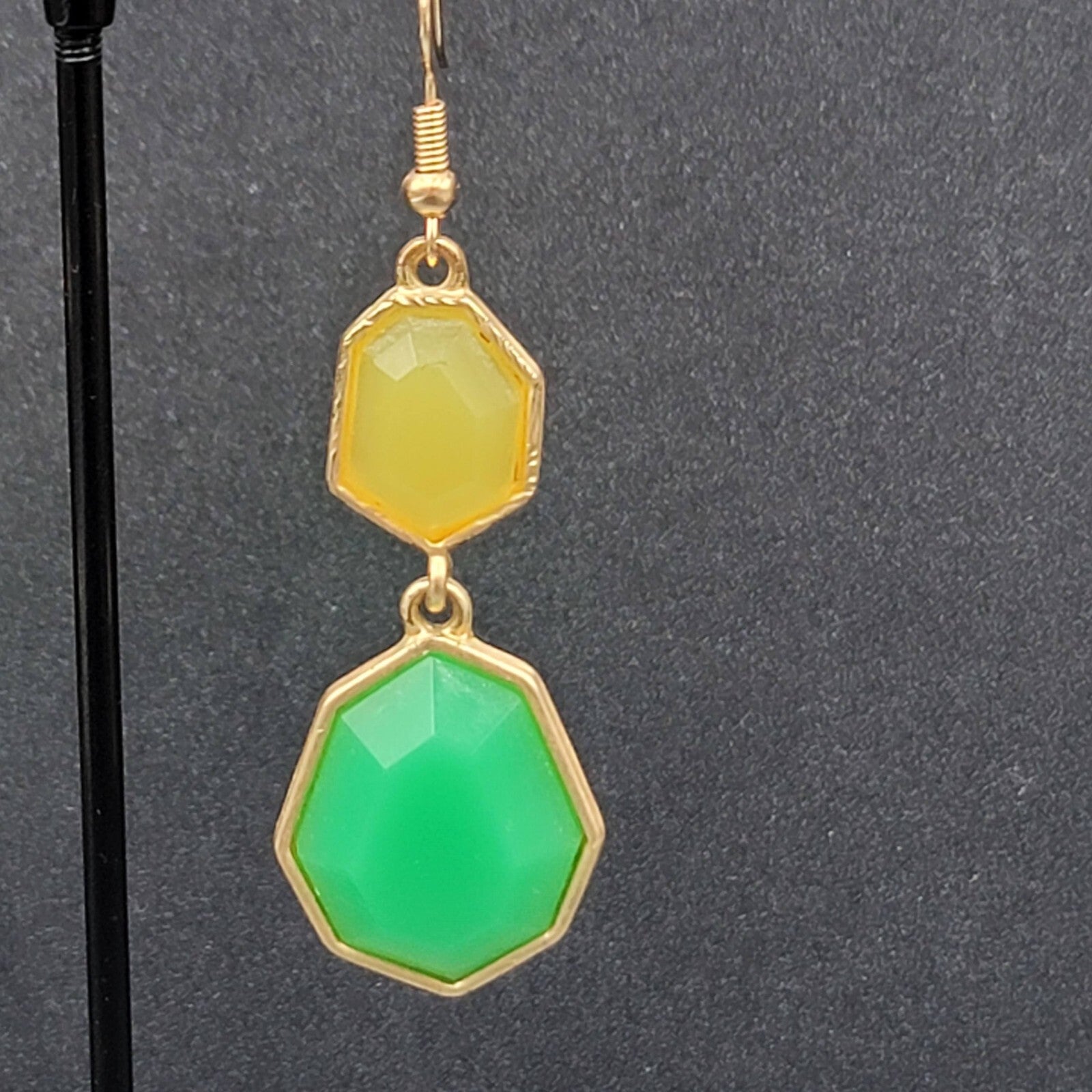 Pierced Earrings Gold tone Green Yellow Acrylic Dangle 1.75"