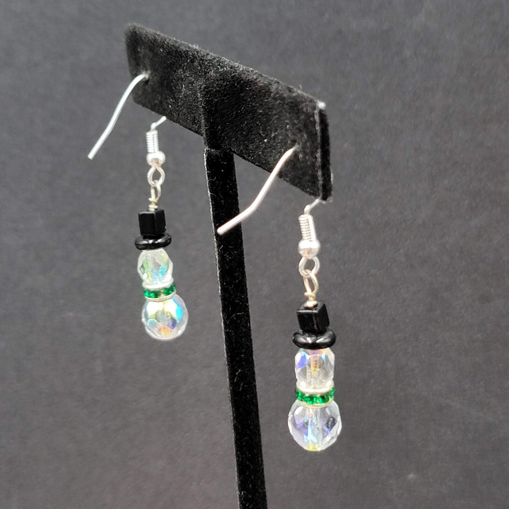 Sterling Silver Pierced Earrings Crystal Bead Snowman Dangle  1"