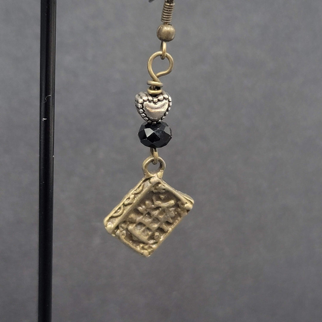 Pierced Earrings Bronze tone Heart Beaded Book Charm Dangle 1 5/8"