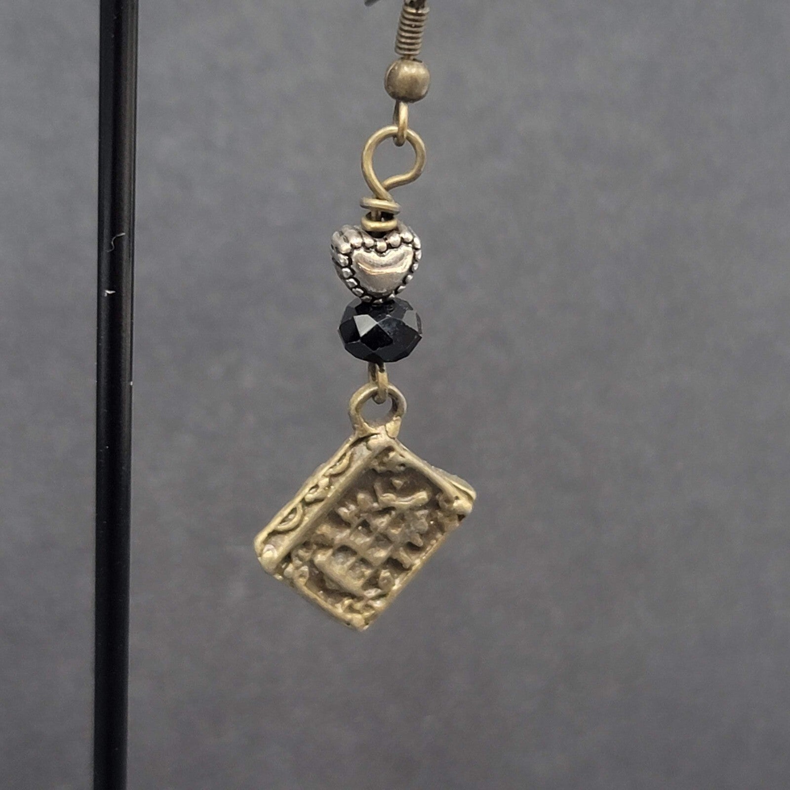 Pierced Earrings Bronze tone Heart Beaded Book Charm Dangle 1 5/8"