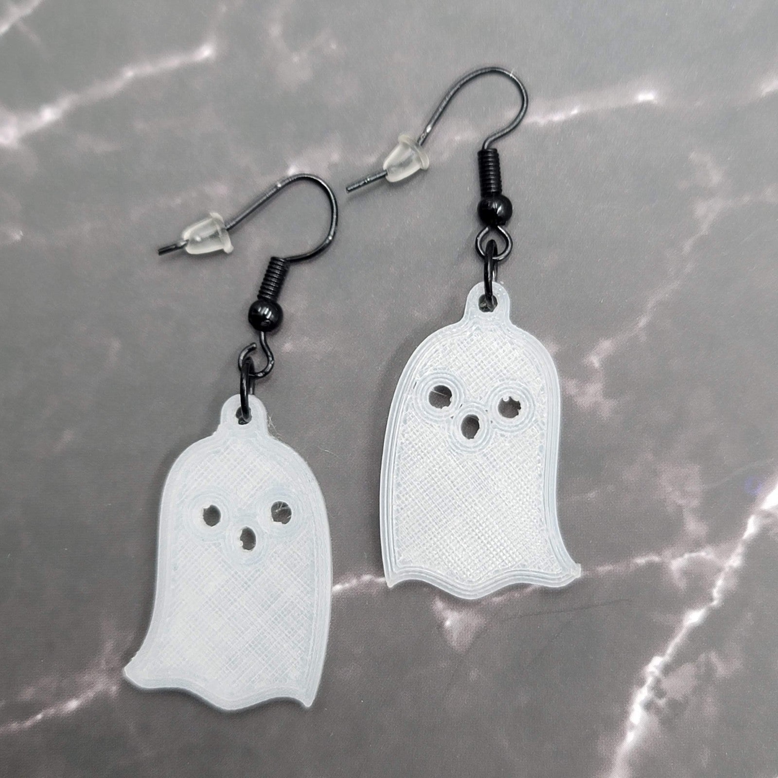 White Acrylic GHOST Pierced Earrings Black Enamel Dangle 1.25"