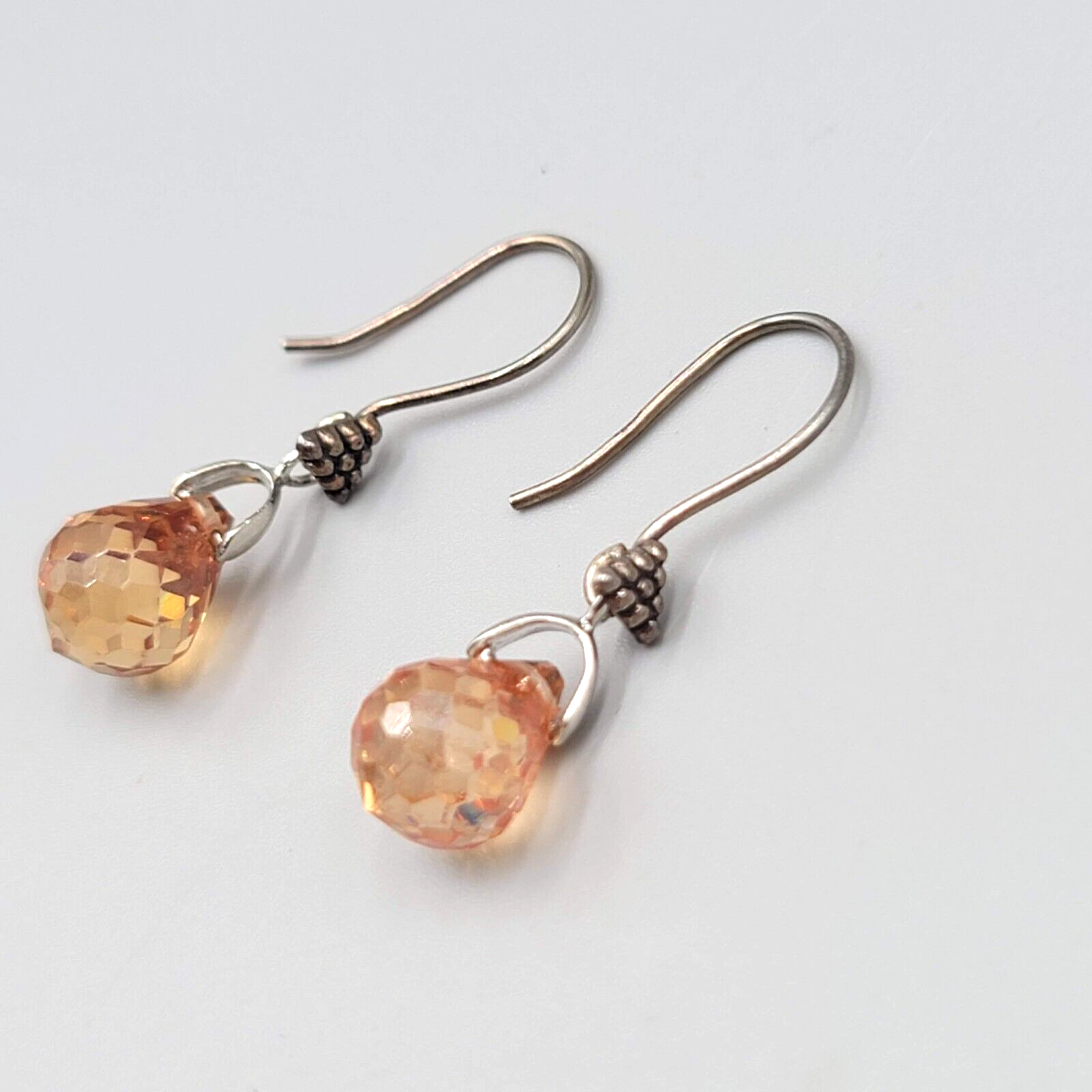 Crystal Teardrop Pierced Earrings Peach Silver tone Hooks 3/4"