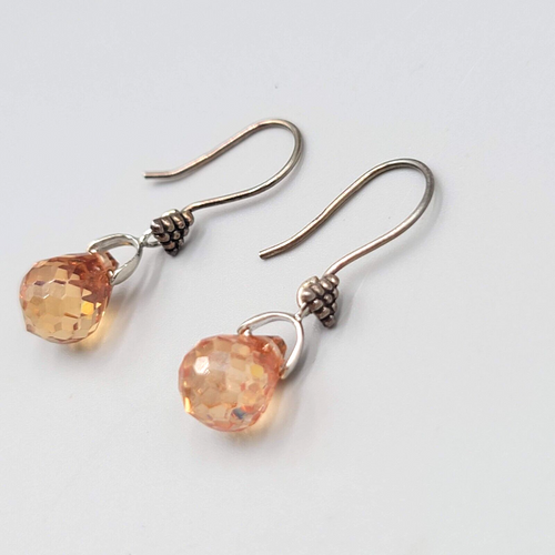 Crystal Teardrop Pierced Earrings Peach Silver tone Hooks 3/4"