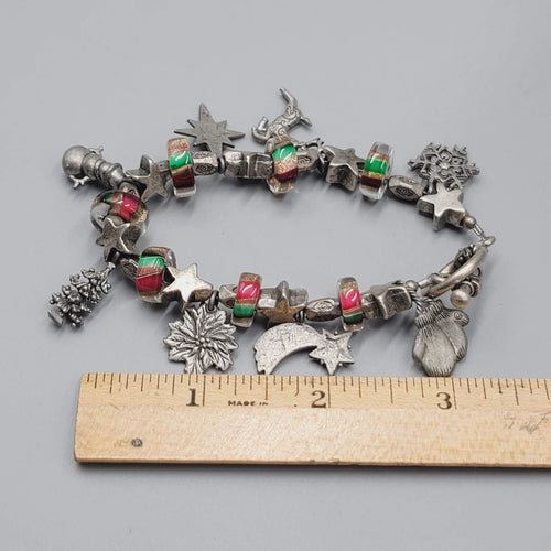Christmas Charm Bracelet Gray Metal Toggle Closure Red Green Glass Beads 6.5"