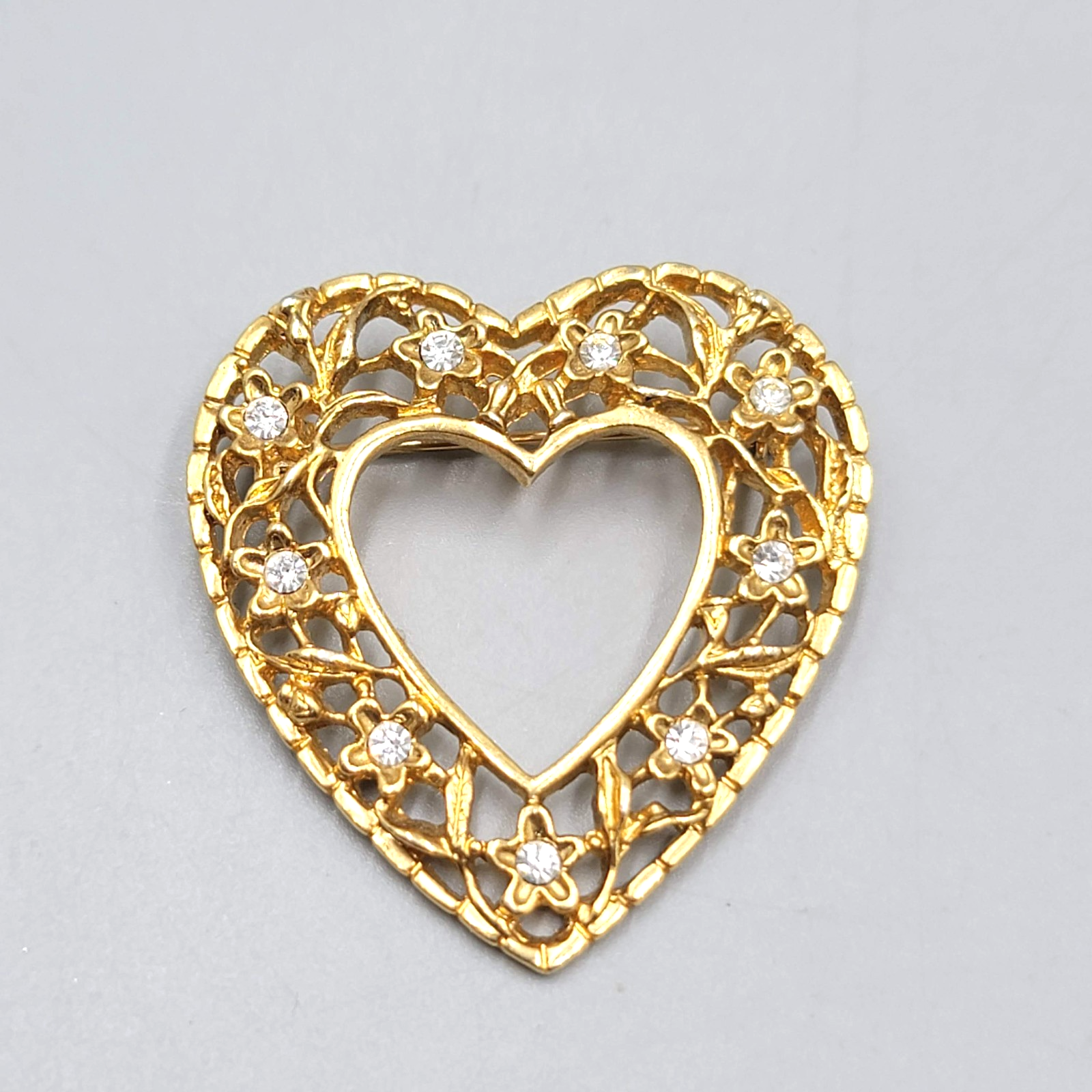 Vintage Heart Rhinestone Brooch Open Work 1.75"