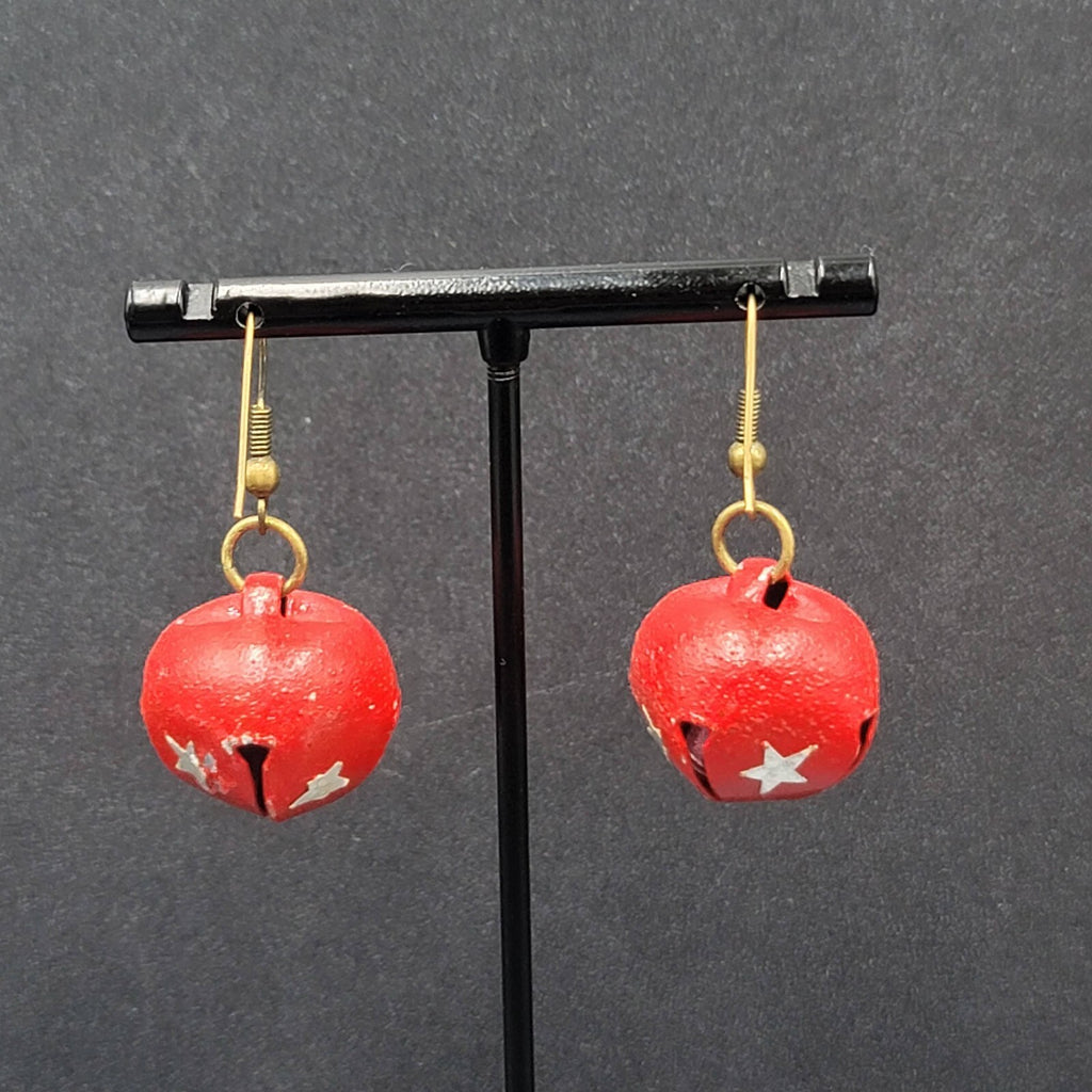 Christmas Pierced Earrings Gold Star Red Painted Jingle Bells 3/4"