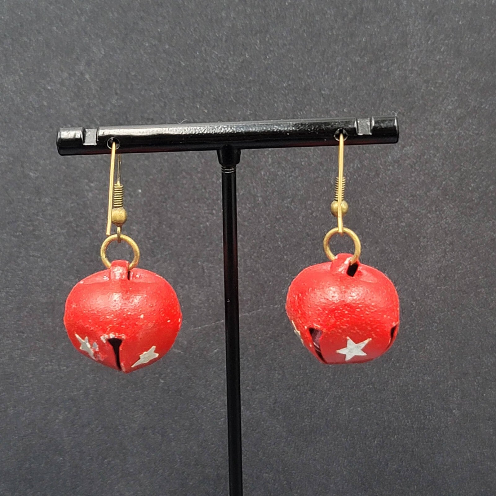 Christmas Pierced Earrings Gold Star Red Painted Jingle Bells 3/4"