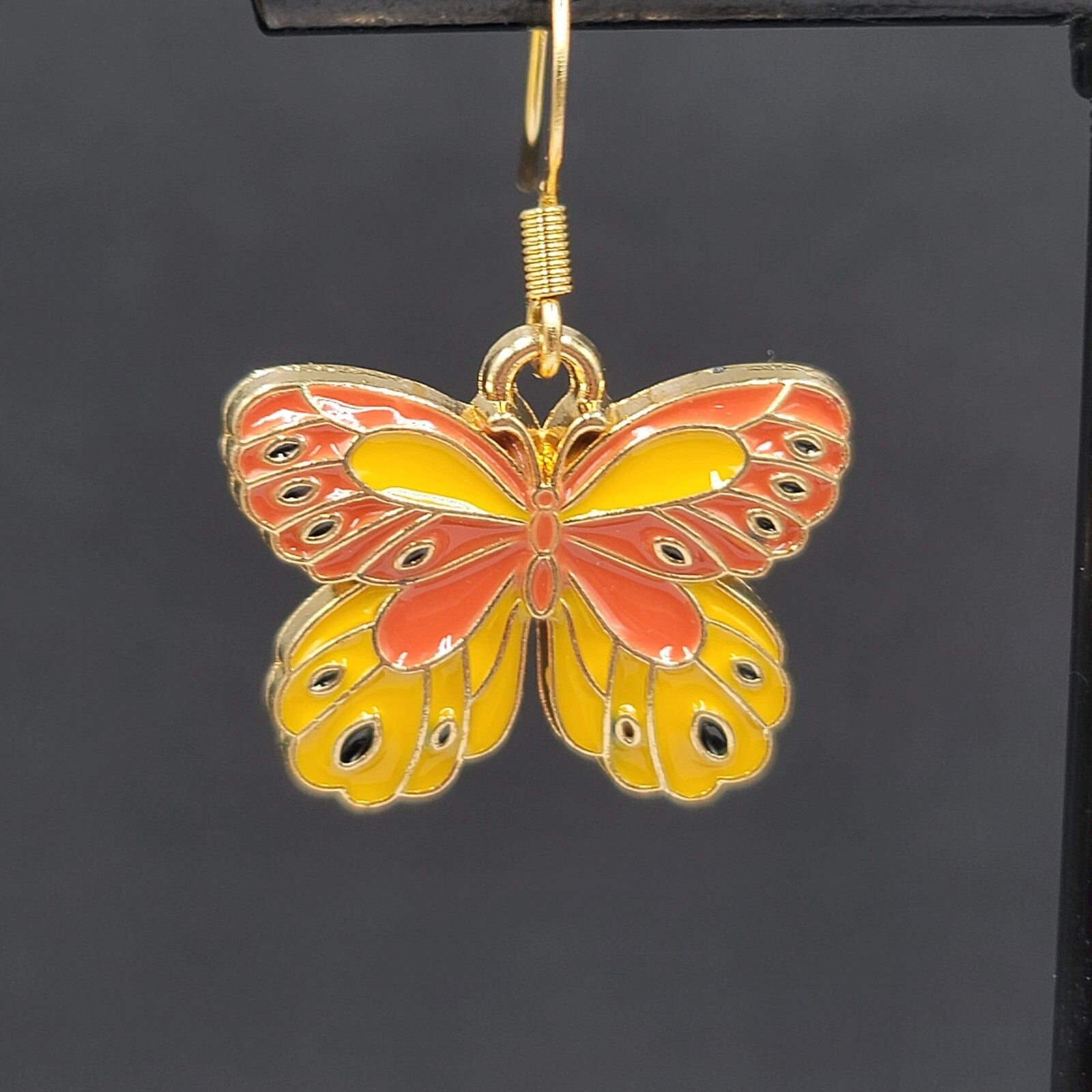 Yellow Moth Enamel Pierced Earrings Gold tone Dangle Butterfly 3/4"