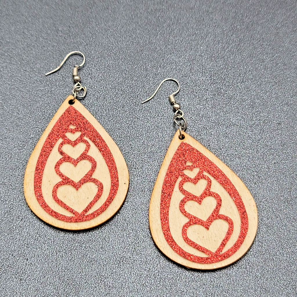 Pierced Earrings Laser Cut Wood Teardrop Red Glitter Hearts Dangle 2.25"