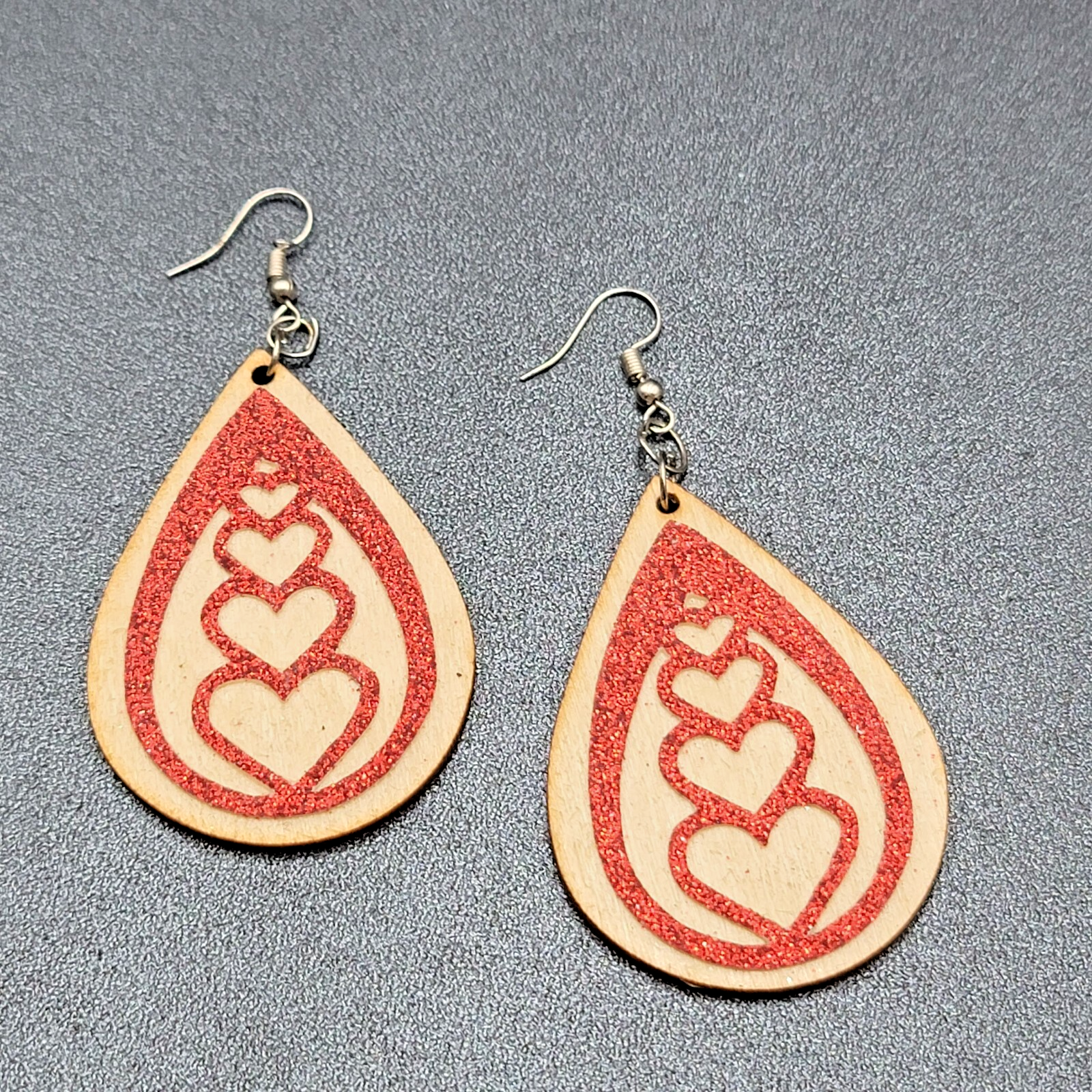 Pierced Earrings Laser Cut Wood Teardrop Red Glitter Hearts Dangle 2.25"