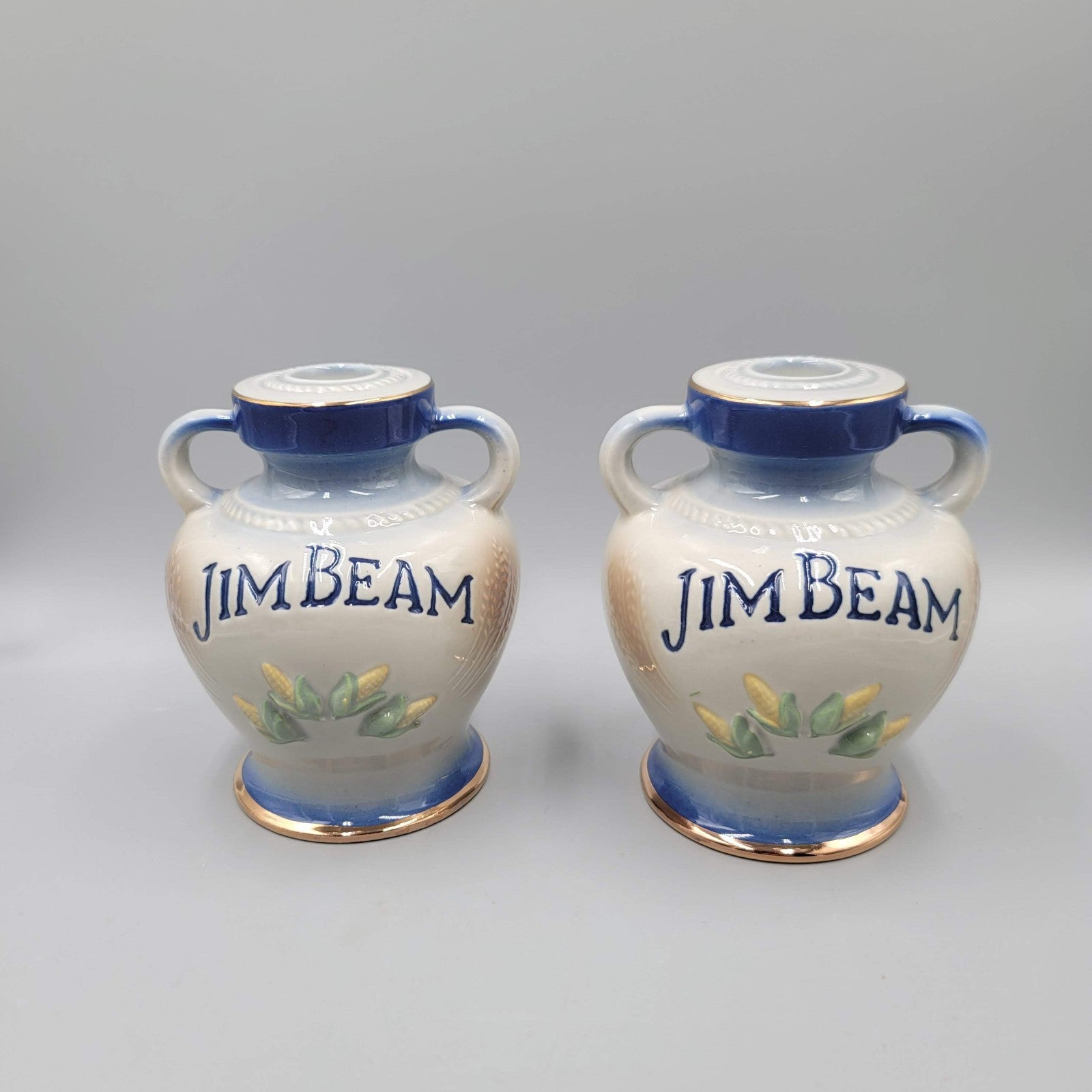 Jim Beam Tea Pot Napkin Holder and  2 Vases Corn Blue Set