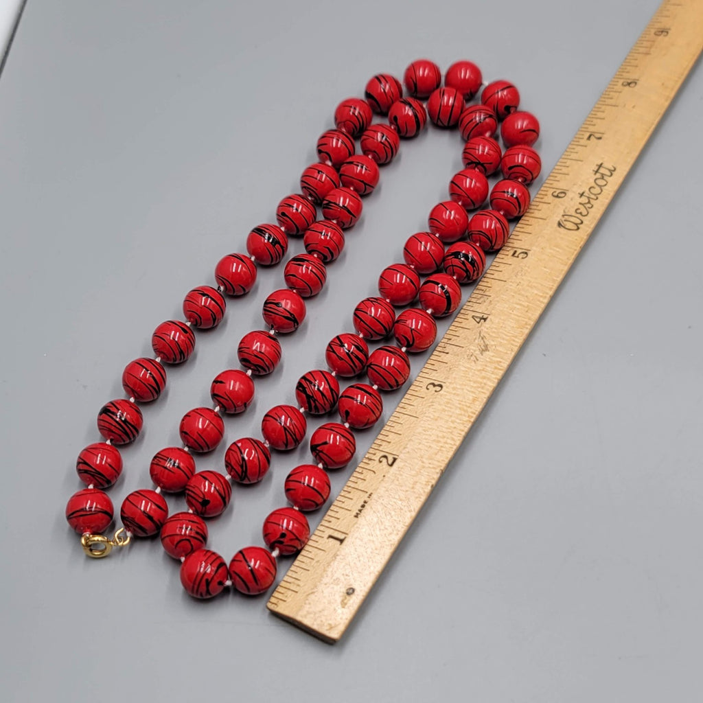 Vintage Red Bead Black Splatter Necklace 28"