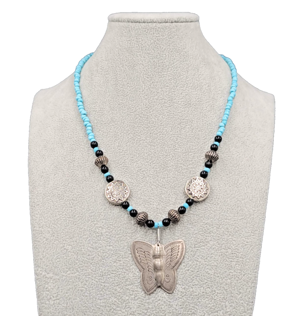 Artisan Butterfly Pendant Necklace Blue Black Bead Handmade 18 in
