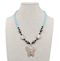 Artisan Butterfly Pendant Necklace Blue Black Bead Handmade 18 in