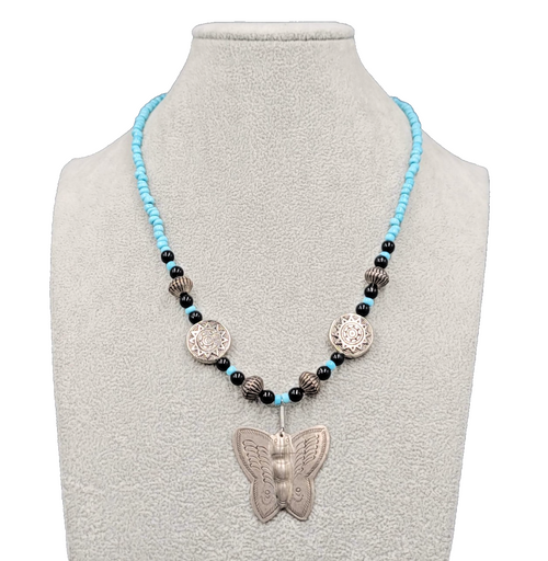 Artisan Butterfly Pendant Necklace Blue Black Bead Handmade 18 in