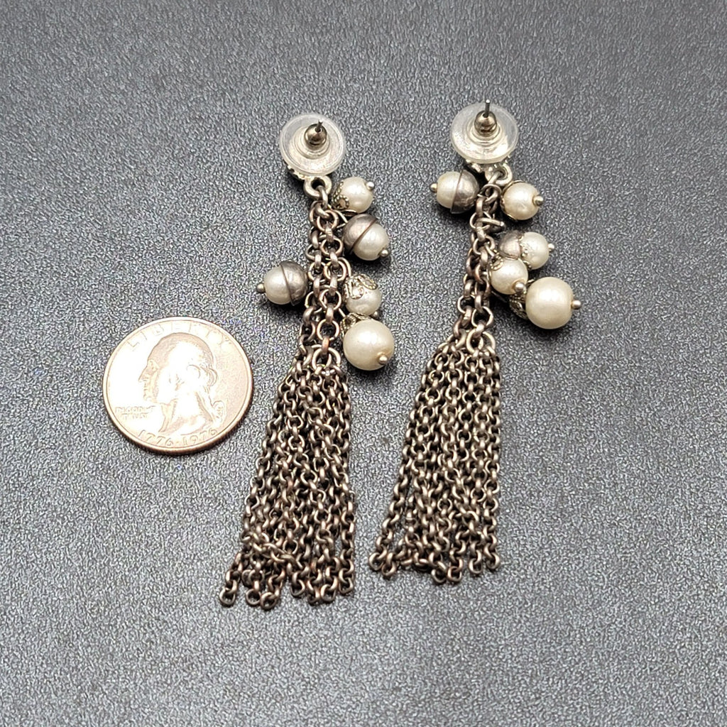 Pierced Earrings Long Multi Chain Faux Pearl Silver tone Dangle 3.25"