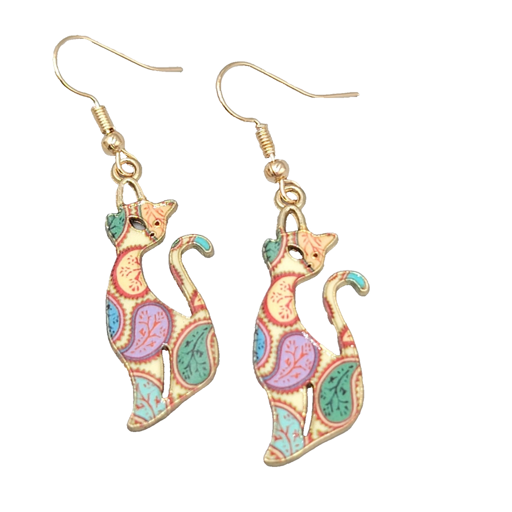 Kitty Cat Paisley Print Pierced Earrings Gold tone Dangle 1 3/8"