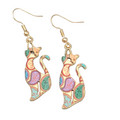Kitty Cat Paisley Print Pierced Earrings Gold tone Dangle 1 3/8"