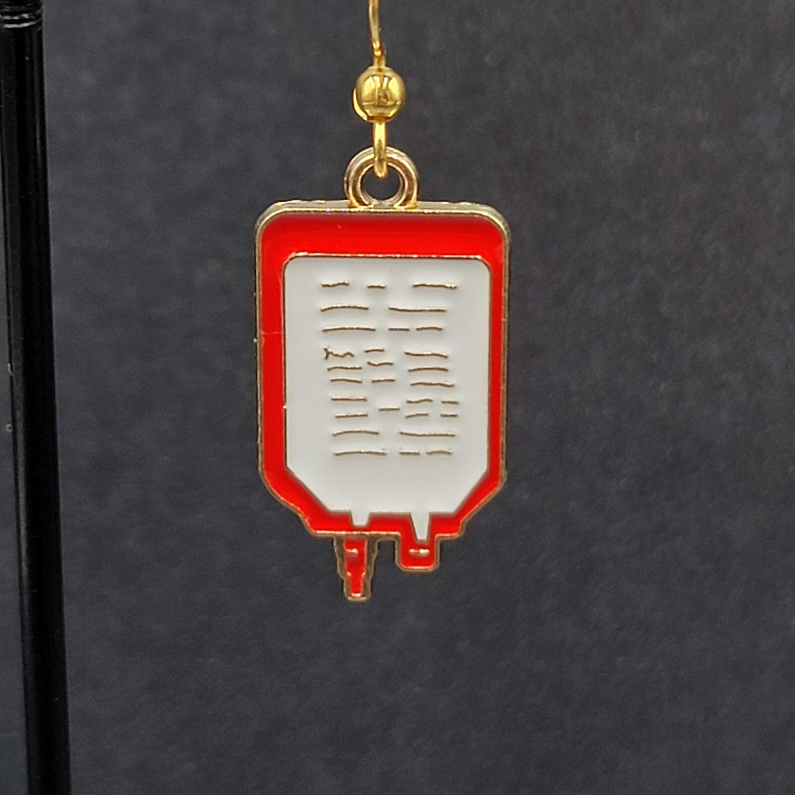 Nurse Pierced Earrings Medical IV Bag Red White Enamel Gold tone Dangle 1"
