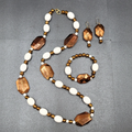 Bronze Metallic White Beaded Necklace Bracelet Earrings Set Jewelry Set
