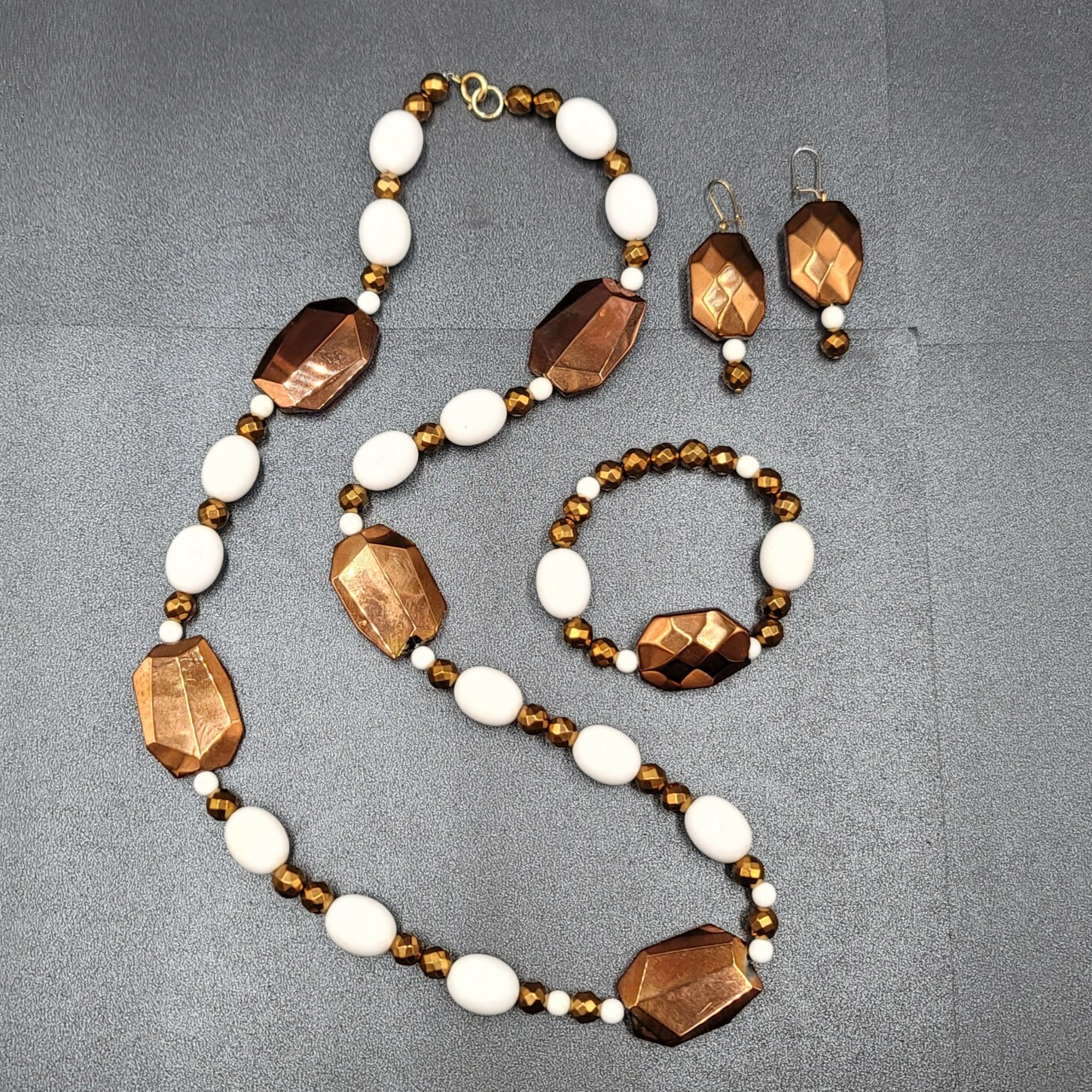 Bronze Metallic White Beaded Necklace Bracelet Earrings Set Jewelry Set